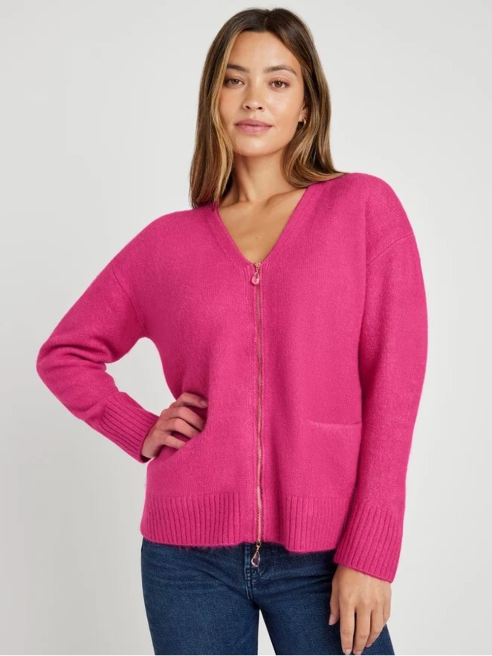 Splendid Fuchsia V‑Neck Zip Cardigan